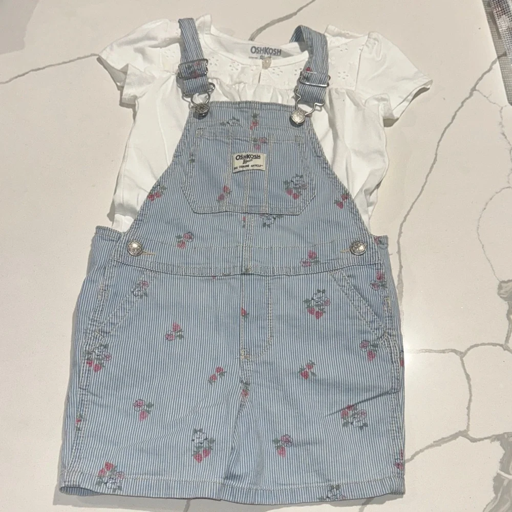 Oshkosh Denim Jean Shortall Overalls White Shirt Outfit 4T NWOT